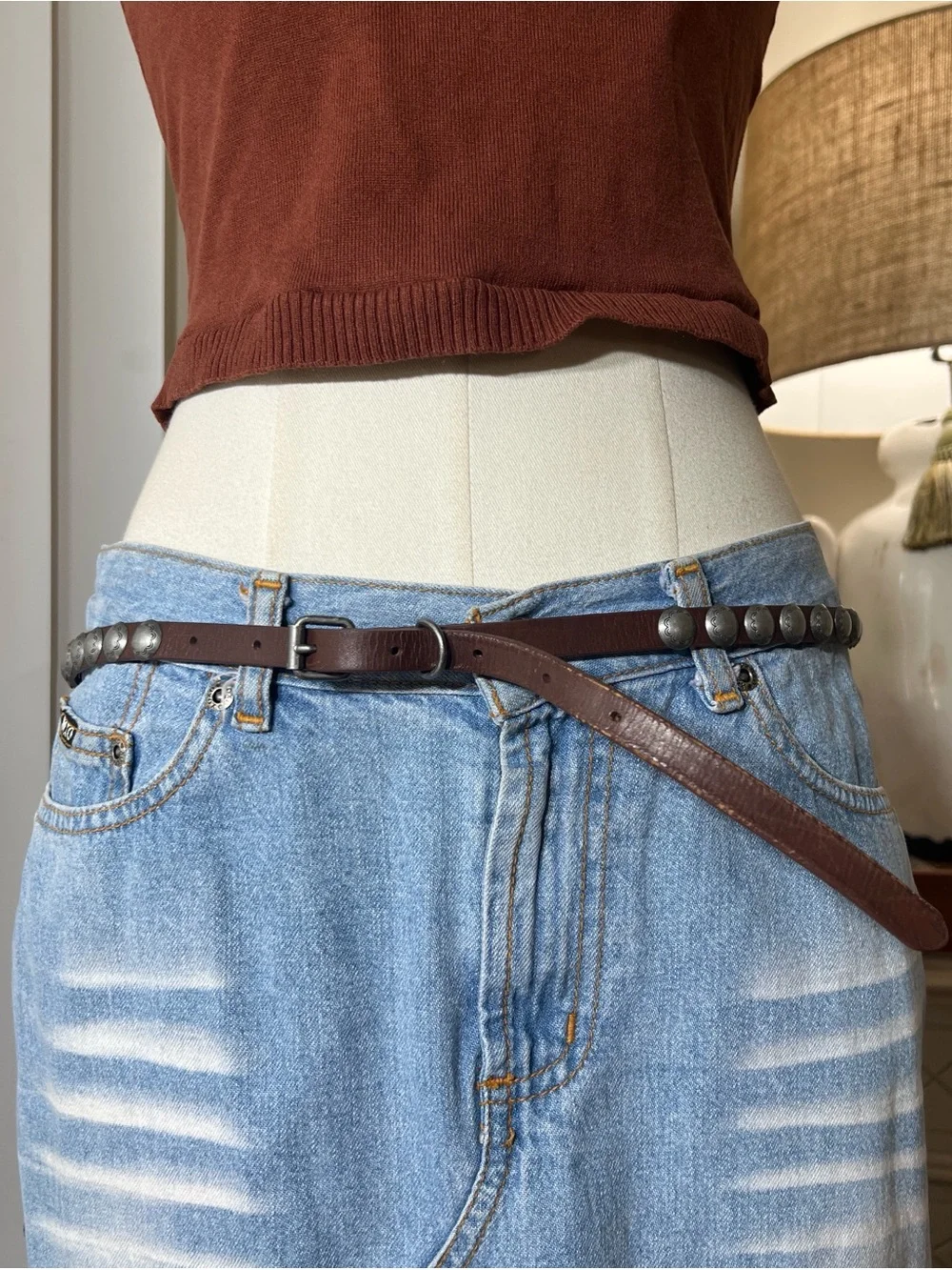 Women’s Brown Leather Studded Waist Belt - Vintage Silver Accents